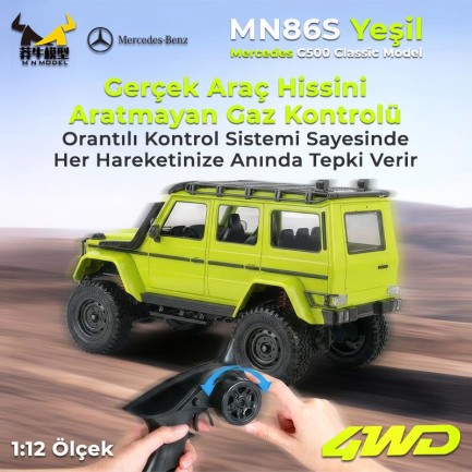 MN Model MN86S 1/12 G-Wagon Mercedes G500 4WD RC Model Rock Crawler Offroad Uzaktan Kumandalı Araba Truck RTR Yeşil+Dahili Işık Seti MN-86S - Thumbnail