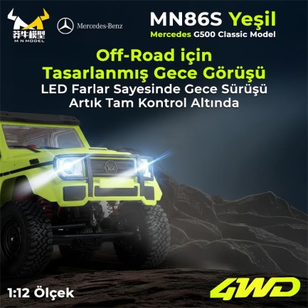 MN Model MN86S 1/12 G-Wagon Mercedes G500 4WD RC Model Rock Crawler Offroad Uzaktan Kumandalı Araba Truck RTR Yeşil+Dahili Işık Seti MN-86S - Thumbnail