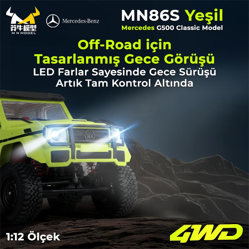 MN Model MN86S 1/12 G-Wagon Mercedes G500 4WD RC Model Rock Crawler Offroad Uzaktan Kumandalı Araba Truck RTR Yeşil+Dahili Işık Seti MN-86S