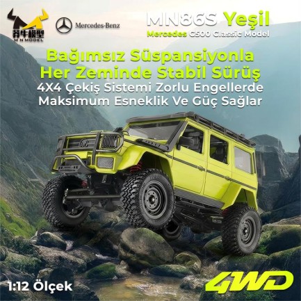 MN Model MN86S 1/12 G-Wagon Mercedes G500 4WD RC Model Rock Crawler Offroad Uzaktan Kumandalı Araba Truck RTR Yeşil+Dahili Işık Seti MN-86S - Thumbnail