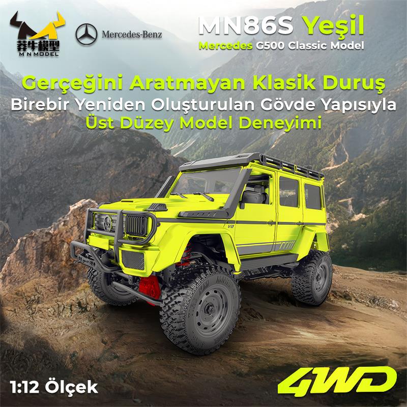 MN Model MN86S 1/12 G-Wagon Mercedes G500 4WD RC Model Rock Crawler Offroad Uzaktan Kumandalı Araba Truck RTR Yeşil+Dahili Işık Seti MN-86S
