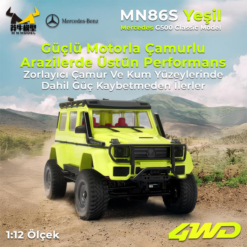 MN Model MN86S 1/12 G-Wagon Mercedes G500 4WD RC Model Rock Crawler Offroad Uzaktan Kumandalı Araba Truck RTR Yeşil+Dahili Işık Seti MN-86S