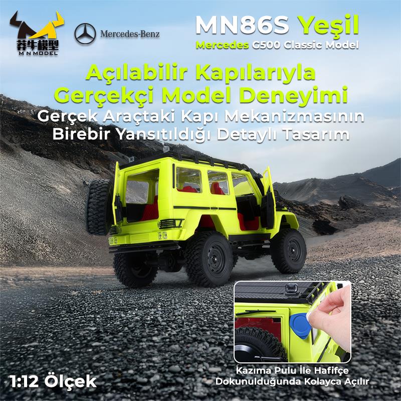 MN Model MN86S 1/12 G-Wagon Mercedes G500 4WD RC Model Rock Crawler Offroad Uzaktan Kumandalı Araba Truck RTR Yeşil+Dahili Işık Seti MN-86S