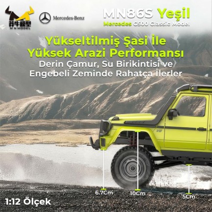 MN Model MN86S 1/12 G-Wagon Mercedes G500 4WD RC Model Rock Crawler Offroad Uzaktan Kumandalı Araba Truck RTR Yeşil+Dahili Işık Seti MN-86S - Thumbnail