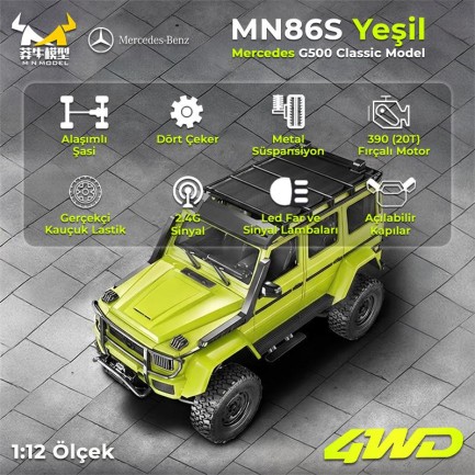 MN Model MN86S 1/12 G-Wagon Mercedes G500 4WD RC Model Rock Crawler Offroad Uzaktan Kumandalı Araba Truck RTR Yeşil+Dahili Işık Seti MN-86S - Thumbnail