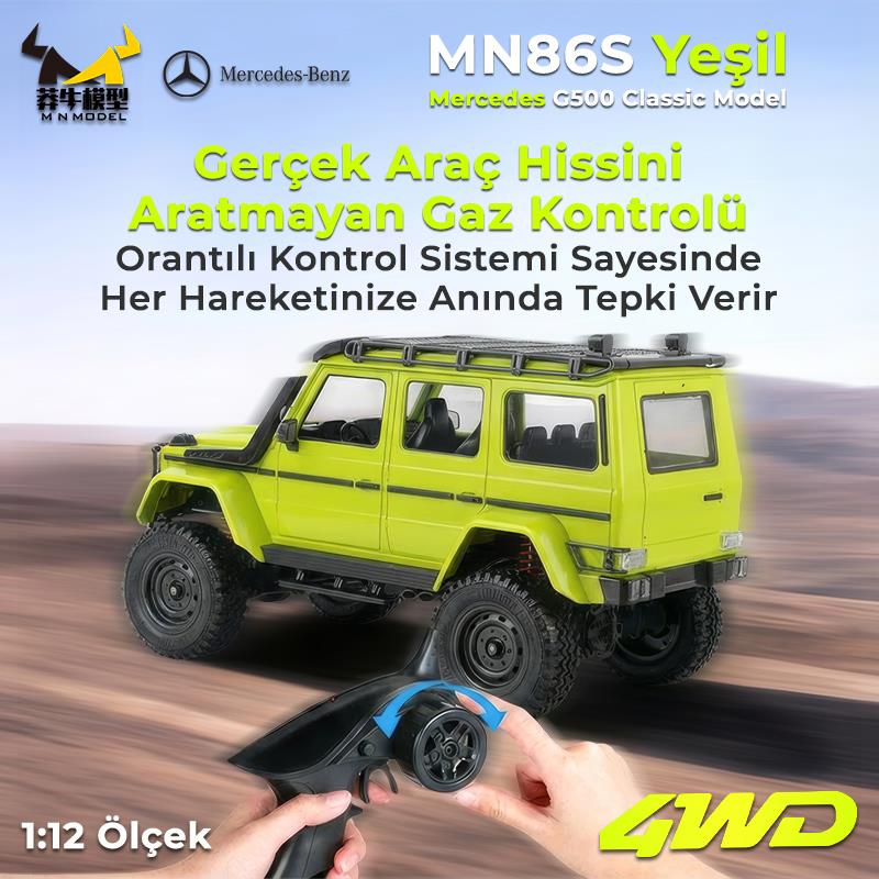MN Model MN86S 1/12 G-Wagon Mercedes G500 4WD RC Model Rock Crawler Offroad Uzaktan Kumandalı Araba Truck RTR Yeşil+Dahili Işık Seti MN-86S