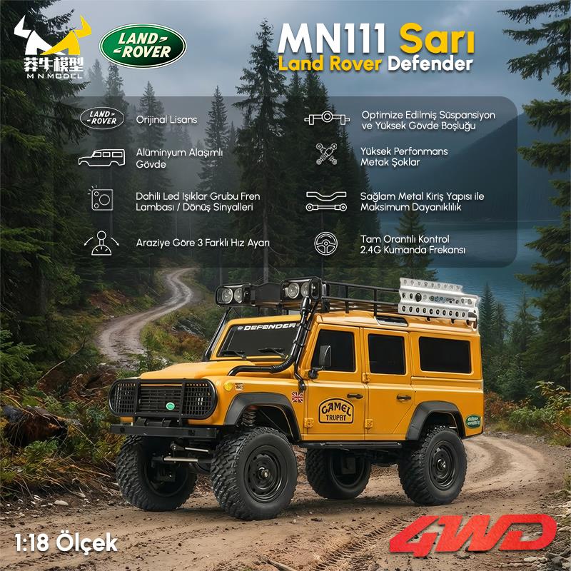 MN Model MN111 1/18 Land Rover Defender 110 4WD RC Crawler Uzaktan Kumandalı Araba Sarı