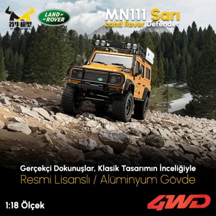 MN Model MN111 1/18 Land Rover Defender 110 4WD RC Model Rock Crawler Offroad Uzaktan Kumandalı Araba Truck RTR Lisanslı Sarı+Dahili Işık Seti MN-111 - Thumbnail