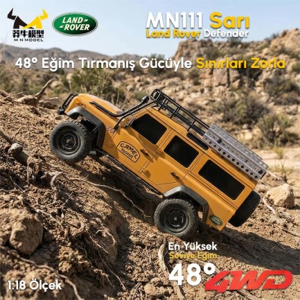 MN Model MN111 1/18 Land Rover Defender 110 4WD RC Model Rock Crawler Offroad Uzaktan Kumandalı Araba Truck RTR Lisanslı Sarı+Dahili Işık Seti MN-111 - Thumbnail
