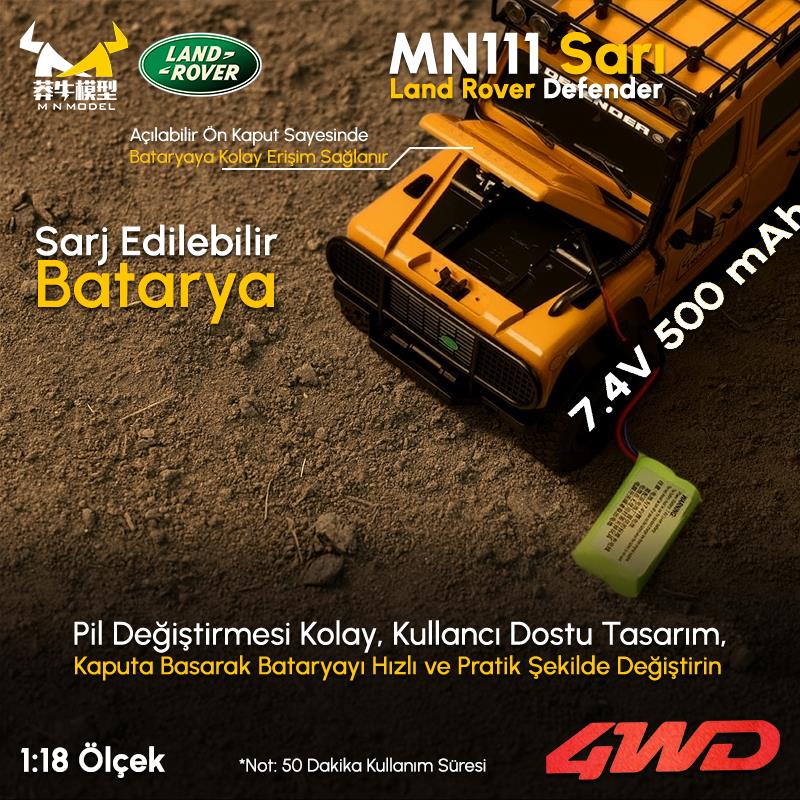 MN Model MN111 1/18 Land Rover Defender 110 4WD RC Model Rock Crawler Offroad Uzaktan Kumandalı Araba Truck RTR Lisanslı Sarı+Dahili Işık Seti MN-111