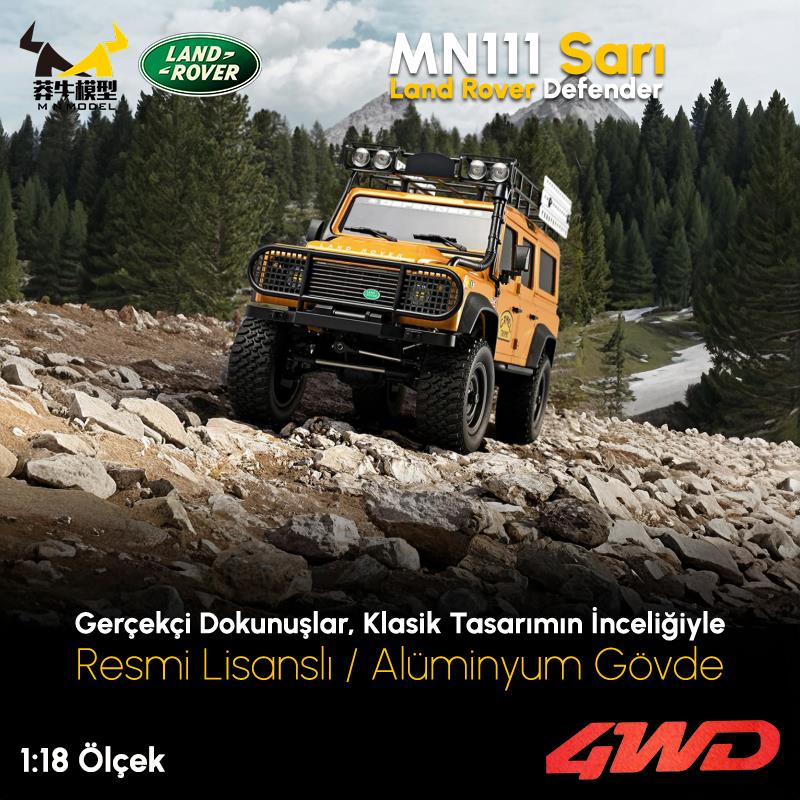MN Model MN111 1/18 Land Rover Defender 110 4WD RC Model Rock Crawler Offroad Uzaktan Kumandalı Araba Truck RTR Lisanslı Sarı+Dahili Işık Seti MN-111