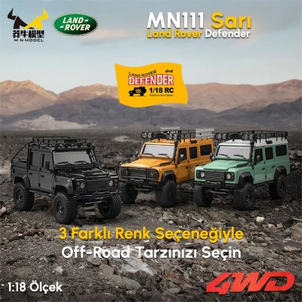 MN Model MN111 1/18 Land Rover Defender 110 4WD RC Model Rock Crawler Offroad Uzaktan Kumandalı Araba Truck RTR Lisanslı Sarı+Dahili Işık Seti MN-111 - Thumbnail