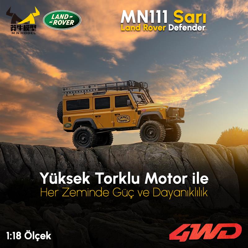 MN Model MN111 1/18 Land Rover Defender 110 4WD RC Model Rock Crawler Offroad Uzaktan Kumandalı Araba Truck RTR Lisanslı Sarı+Dahili Işık Seti MN-111