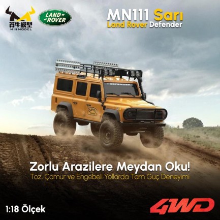 MN Model MN111 1/18 Land Rover Defender 110 4WD RC Model Rock Crawler Offroad Uzaktan Kumandalı Araba Truck RTR Lisanslı Sarı+Dahili Işık Seti MN-111 - Thumbnail