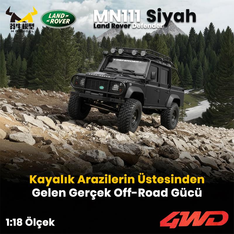MN Model MN111 1/18 Land Rover Defender 110 4WD RC Model Rock Crawler Offroad Uzaktan Kumandalı Araba Truck RTR Lisanslı Siyah+Dahili Işık Seti MN-111