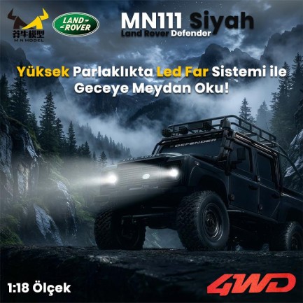MN Model MN111 1/18 Land Rover Defender 110 4WD RC Model Rock Crawler Offroad Uzaktan Kumandalı Araba Truck RTR Lisanslı Siyah+Dahili Işık Seti MN-111 - Thumbnail