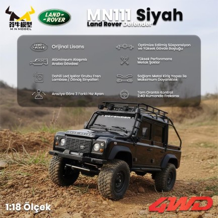 MN Model MN111 1/18 Land Rover Defender 110 4WD RC Model Rock Crawler Offroad Uzaktan Kumandalı Araba Truck RTR Lisanslı Siyah+Dahili Işık Seti MN-111 - Thumbnail