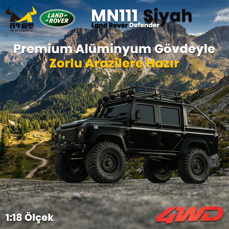 MN Model MN111 1/18 Land Rover Defender 110 4WD RC Model Rock Crawler Offroad Uzaktan Kumandalı Araba Truck RTR Lisanslı Siyah+Dahili Işık Seti MN-111