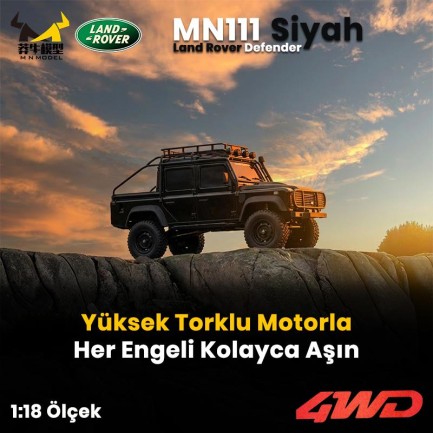 MN Model MN111 1/18 Land Rover Defender 110 4WD RC Model Rock Crawler Offroad Uzaktan Kumandalı Araba Truck RTR Lisanslı Siyah+Dahili Işık Seti MN-111 - Thumbnail