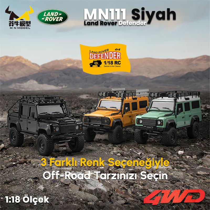MN Model MN111 1/18 Land Rover Defender 110 4WD RC Model Rock Crawler Offroad Uzaktan Kumandalı Araba Truck RTR Lisanslı Siyah+Dahili Işık Seti MN-111