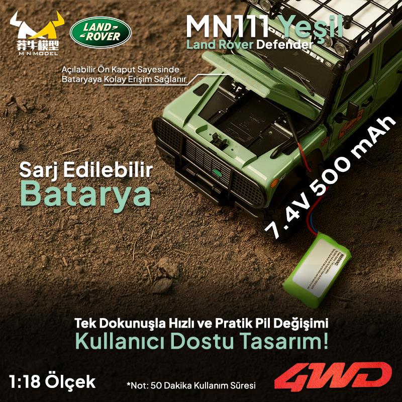 MN Model MN111 1/18 Land Rover Defender 110 4WD RC Model Rock Crawler Offroad Uzaktan Kumandalı Araba Truck RTR Lisanslı Yeşil+Dahili Işık Seti MN-111