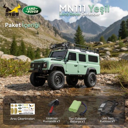 MN Model MN111 1/18 Land Rover Defender 110 4WD RC Model Rock Crawler Offroad Uzaktan Kumandalı Araba Truck RTR Lisanslı Yeşil+Dahili Işık Seti MN-111 - Thumbnail