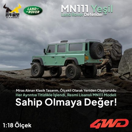 MN Model MN111 1/18 Land Rover Defender 110 4WD RC Model Rock Crawler Offroad Uzaktan Kumandalı Araba Truck RTR Lisanslı Yeşil+Dahili Işık Seti MN-111 - Thumbnail