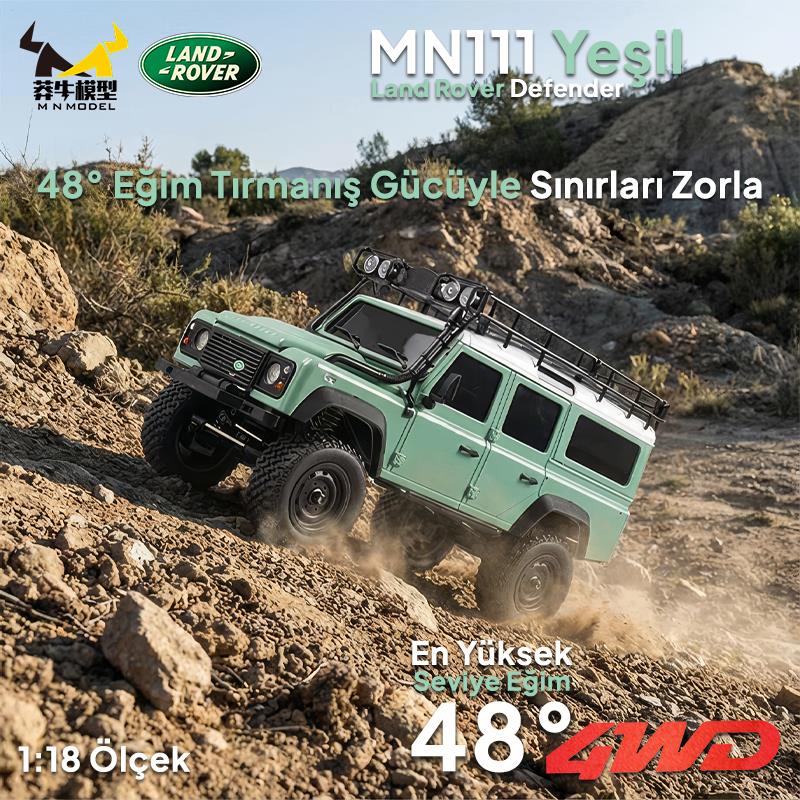 MN Model MN111 1/18 Land Rover Defender 110 4WD RC Model Rock Crawler Offroad Uzaktan Kumandalı Araba Truck RTR Lisanslı Yeşil+Dahili Işık Seti MN-111