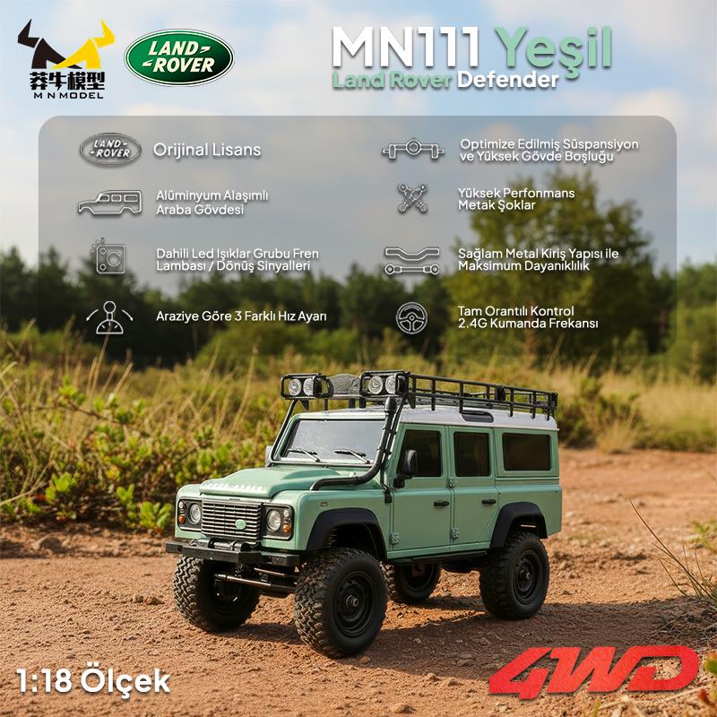 MN Model MN111 1/18 Land Rover Defender 110 4WD RC Model Rock Crawler Offroad Uzaktan Kumandalı Araba Truck RTR Lisanslı Yeşil+Dahili Işık Seti MN-111