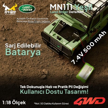 MN Model MN111 1/18 Land Rover Defender 110 4WD RC Model Rock Crawler Offroad Uzaktan Kumandalı Araba Truck RTR Lisanslı Yeşil+Dahili Işık Seti MN-111 - Thumbnail