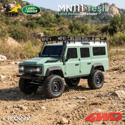MN Model - MN Model MN111 1/18 Land Rover Defender 110 4WD RC Model Rock Crawler Offroad Uzaktan Kumandalı Araba Truck RTR Lisanslı Yeşil+Dahili Işık Seti MN-111