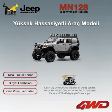 MN Model MN128 1/12 Jeep Wrangler Rubicon 4WD RC Model Crawler Offroad Truck Uzaktan Kumandalı Araba RTR Gümüş+Dahili Işık Seti MN-128 - Thumbnail