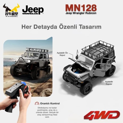 MN Model MN128 1/12 Jeep Wrangler Rubicon 4WD RC Model Crawler Offroad Truck Uzaktan Kumandalı Araba RTR Gümüş+Dahili Işık Seti MN-128 - Thumbnail