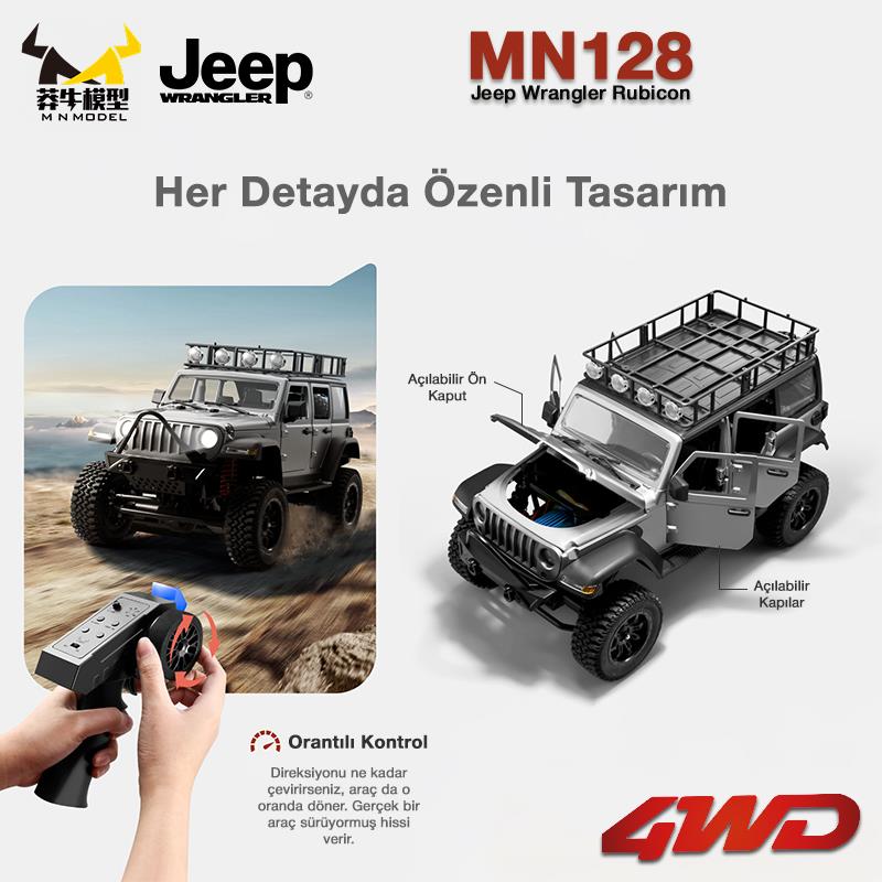 MN Model MN128 1/12 Jeep Wrangler Rubicon 4WD RC Model Crawler Offroad Truck Uzaktan Kumandalı Araba RTR Gümüş+Dahili Işık Seti MN-128