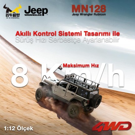 MN Model MN128 1/12 Jeep Wrangler Rubicon 4WD RC Model Crawler Offroad Truck Uzaktan Kumandalı Araba RTR Gümüş+Dahili Işık Seti MN-128 - Thumbnail