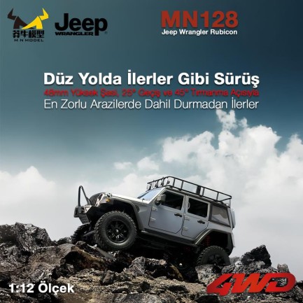 MN Model MN128 1/12 Jeep Wrangler Rubicon 4WD RC Model Crawler Offroad Truck Uzaktan Kumandalı Araba RTR Gümüş+Dahili Işık Seti MN-128 - Thumbnail
