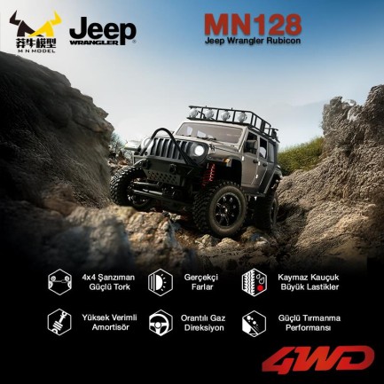 MN Model MN128 1/12 Jeep Wrangler Rubicon 4WD RC Model Crawler Offroad Truck Uzaktan Kumandalı Araba RTR Gümüş+Dahili Işık Seti MN-128 - Thumbnail