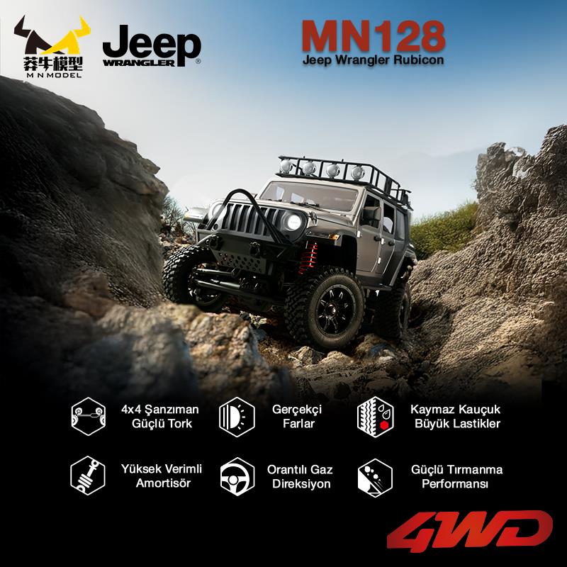 MN Model MN128 1/12 Jeep Wrangler Rubicon 4WD RC Model Crawler Offroad Truck Uzaktan Kumandalı Araba RTR Gümüş+Dahili Işık Seti MN-128