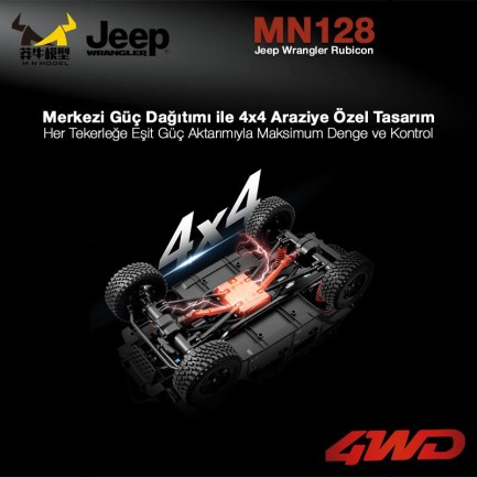 MN Model MN128 1/12 Jeep Wrangler Rubicon 4WD RC Model Crawler Offroad Truck Uzaktan Kumandalı Araba RTR Gümüş+Dahili Işık Seti MN-128 - Thumbnail