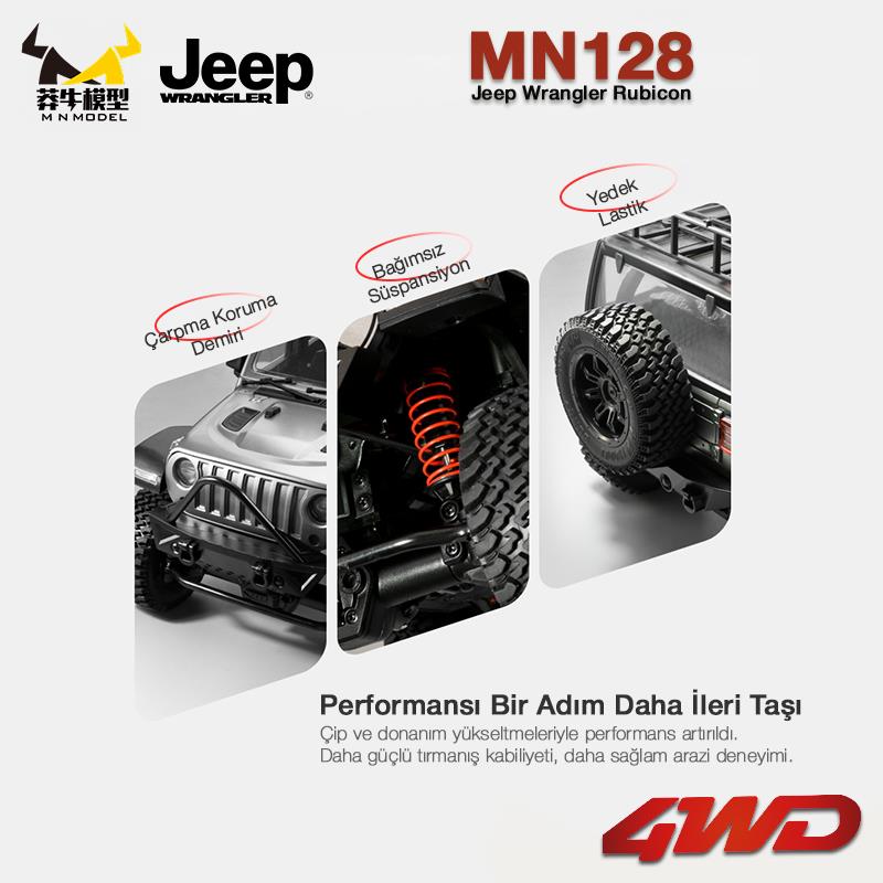 MN Model MN128 1/12 Jeep Wrangler Rubicon 4WD RC Model Crawler Offroad Truck Uzaktan Kumandalı Araba RTR Gümüş+Dahili Işık Seti MN-128