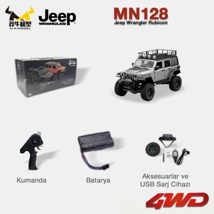 MN Model MN128 1/12 Jeep Wrangler Rubicon 4WD RC Model Crawler Offroad Truck Uzaktan Kumandalı Araba RTR Gümüş+Dahili Işık Seti MN-128 - Thumbnail