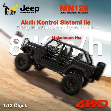 MN Model MN128 1/12 Jeep Wrangler Rubicon 4WD RC Model Crawler Offroad Truck Uzaktan Kumandalı Araba RTR Siyah+Dahili Işık Seti MN-128 - Thumbnail