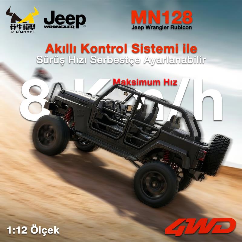 MN Model MN128 1/12 Jeep Wrangler Rubicon 4WD RC Model Crawler Offroad Truck Uzaktan Kumandalı Araba RTR Siyah+Dahili Işık Seti MN-128