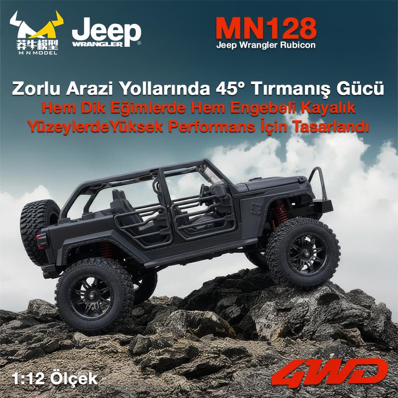MN Model MN128 1/12 Jeep Wrangler Rubicon 4WD RC Model Crawler Offroad Truck Uzaktan Kumandalı Araba RTR Siyah+Dahili Işık Seti MN-128