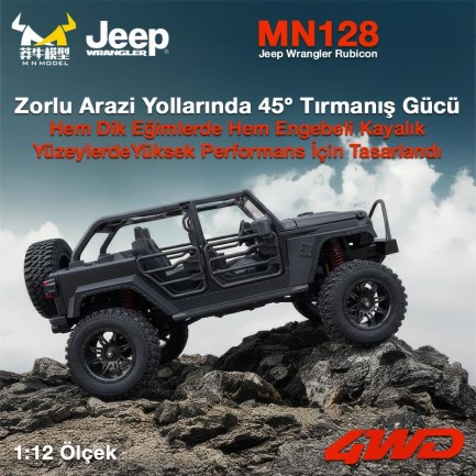MN Model MN128 1/12 Jeep Wrangler Rubicon 4WD RC Model Crawler Offroad Truck Uzaktan Kumandalı Araba RTR Siyah+Dahili Işık Seti MN-128 - Thumbnail