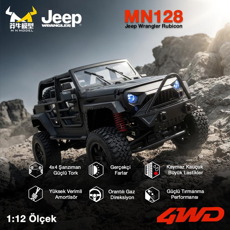 MN Model MN128 1/12 Jeep Wrangler Rubicon 4WD RC Model Crawler Offroad Truck Uzaktan Kumandalı Araba RTR Siyah+Dahili Işık Seti MN-128