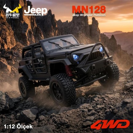 MN Model MN128 1/12 Jeep Wrangler Rubicon 4WD RC Model Crawler Offroad Truck Uzaktan Kumandalı Araba RTR Siyah+Dahili Işık Seti MN-128 - Thumbnail