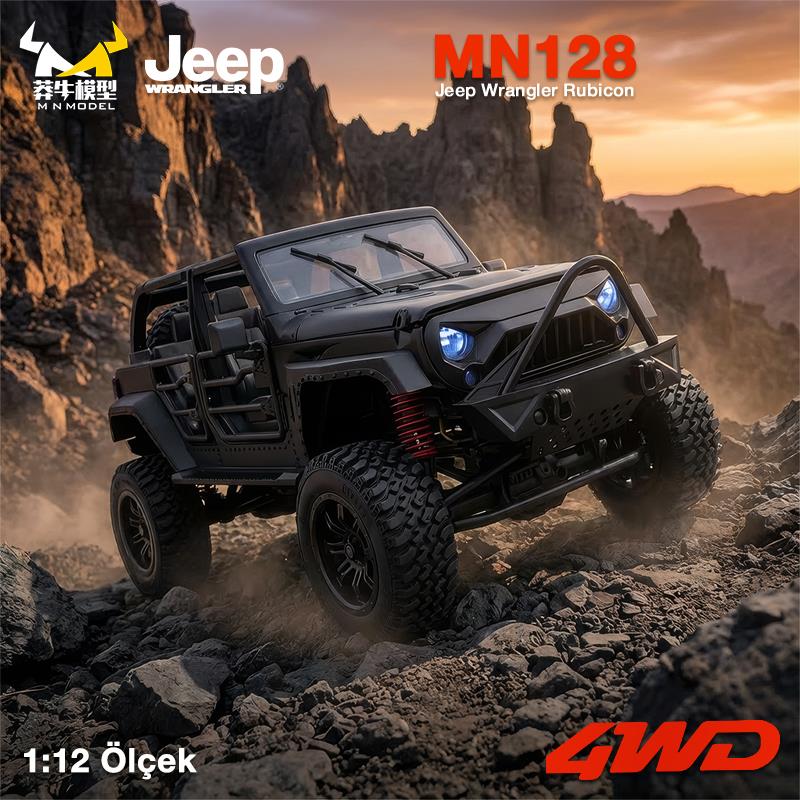 MN Model MN128 1/12 Jeep Wrangler Rubicon 4WD RC Model Crawler Offroad Truck Uzaktan Kumandalı Araba RTR Siyah+Dahili Işık Seti MN-128