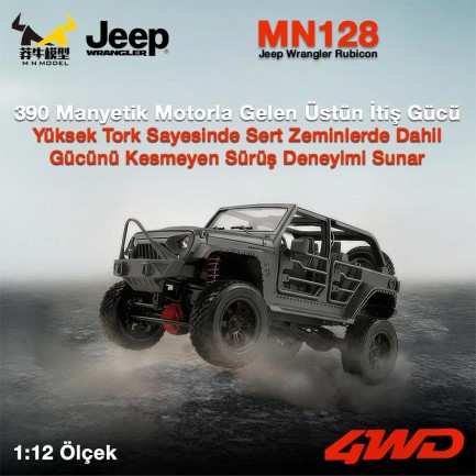 MN Model MN128 1/12 Jeep Wrangler Rubicon 4WD RC Model Crawler Offroad Truck Uzaktan Kumandalı Araba RTR Siyah+Dahili Işık Seti MN-128 - Thumbnail