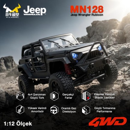 MN Model MN128 1/12 Jeep Wrangler Rubicon 4WD RC Model Crawler Offroad Truck Uzaktan Kumandalı Araba RTR Siyah+Dahili Işık Seti MN-128 - Thumbnail